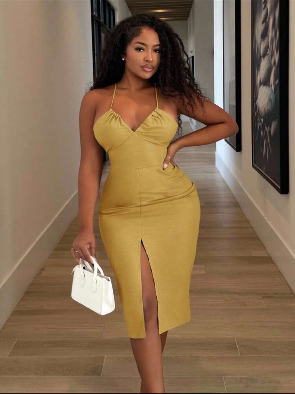 SHEIN Mustard Spaghetti-Strap Midi Dress with Front Slit